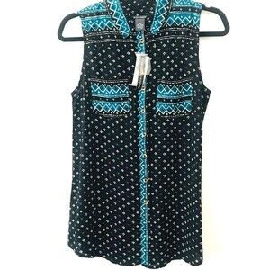 Chelsea & Theodore Black blouse women  geometric  print sleeveless top size XS